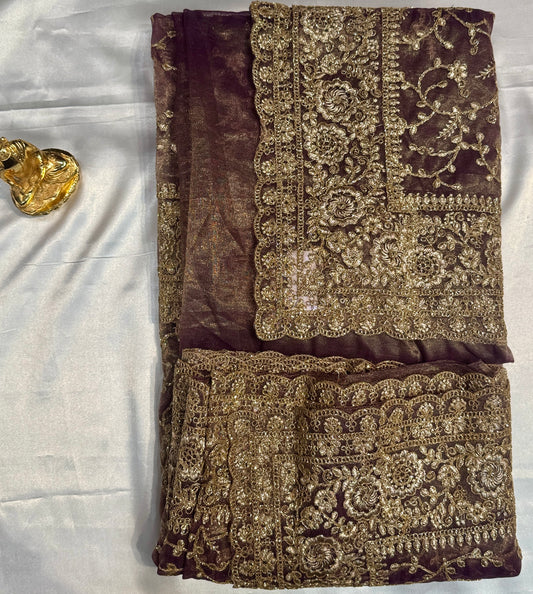 Magnificent Light Wine Color With Soft Net Embroidered Work Fancy Saree - PREMIUM QUALITY
