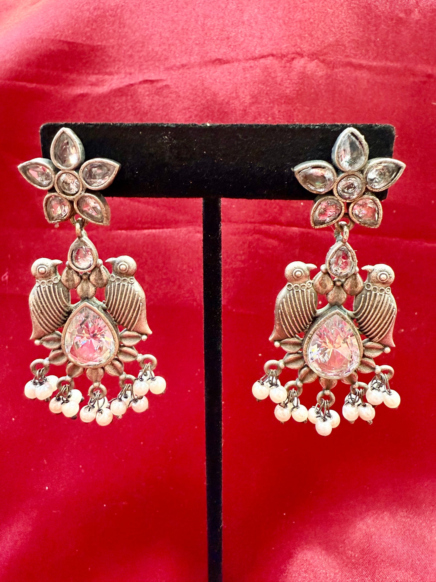 Appealing Oxidized Silver Stone And Beaded Work Bird Designs Earrings For Women