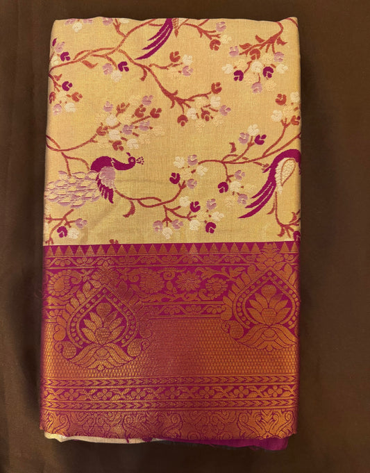 Attractive Peach Color Art Silk Saree With Contrast Border For Women