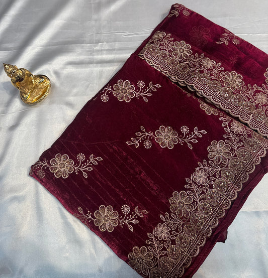 Splendid Dark Wine Color Soft Chiffon With Embroidery And Stone Work Fancy Saree - PREMIUM QUALITY