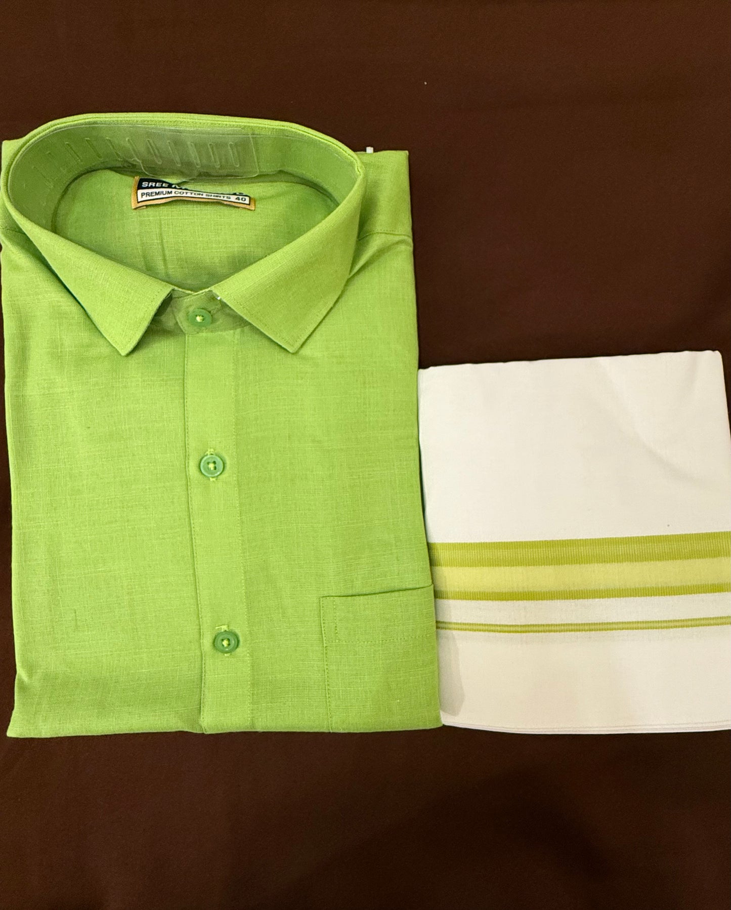 Beautiful Leaf Green Mens Cotton Shirt With Border Dhoti