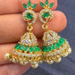 Marvelous White and Green Stones Gold Plated With Pearls Jhumka Earrings