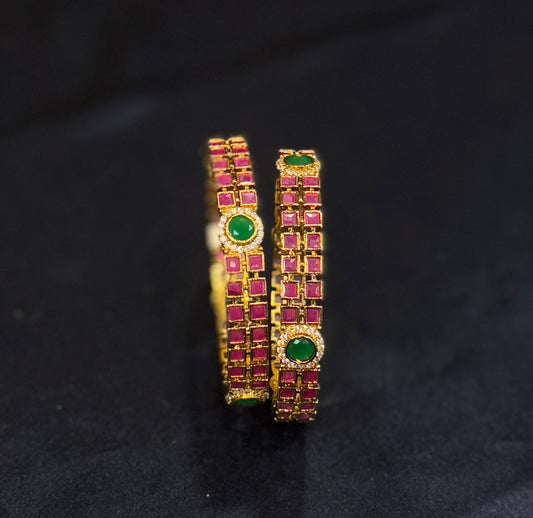Attractive Pink And Green Stones Gold Plated Studded Bangles