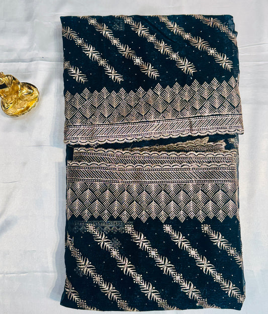 Fantastic Rich Teal Blue Color Georgette Embroidered Work Fancy Saree - PREMIUM QUALITY