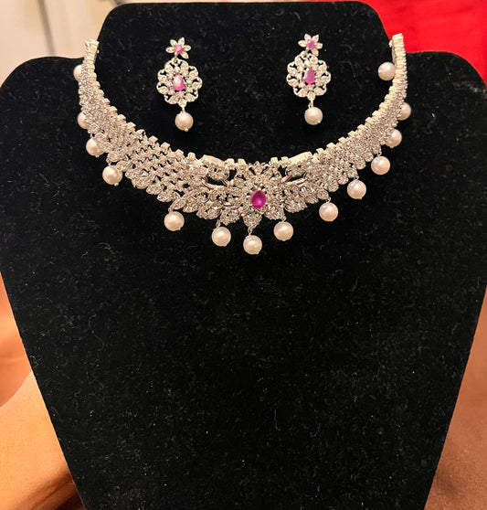 Gorgeous Pink Stoned American Diamond Necklace With Earring Set For Women