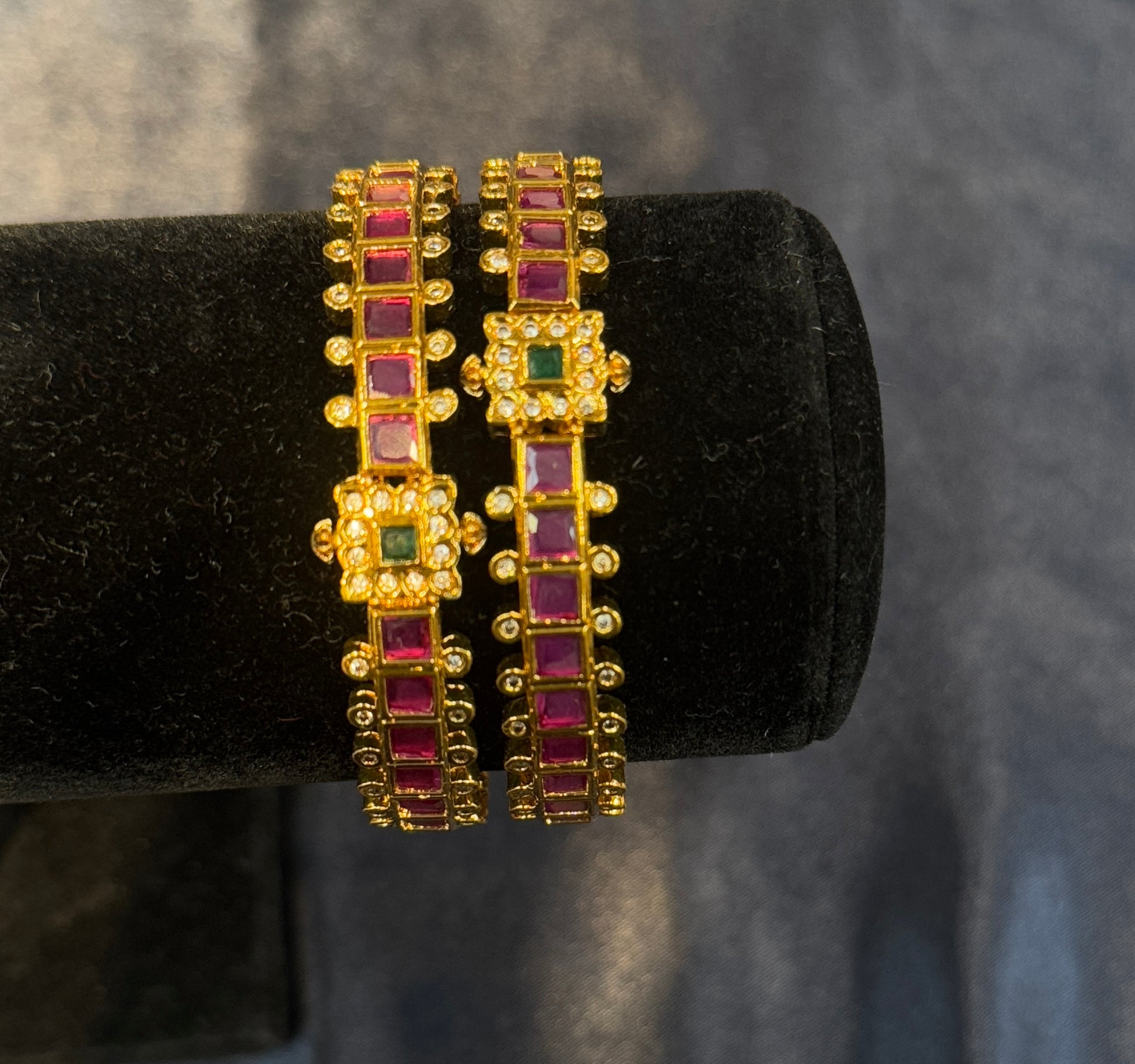 Dazzling Pink And Green Stones Gold Plated Bangles For Women.