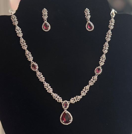 Marvelous White And Red Color Stones American Diamond Necklace With Earrings