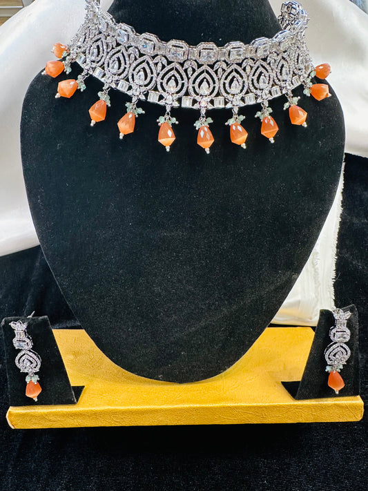 Stunning White Stone with Orange Beads American Diamond Necklace With Earrings 