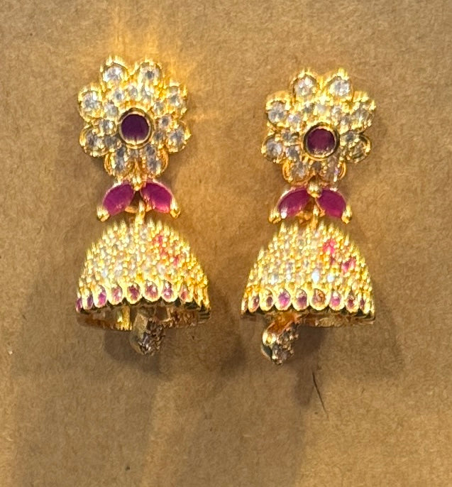 Attractive Dark Pink Color Stones With Gold Plated Earrings For Women