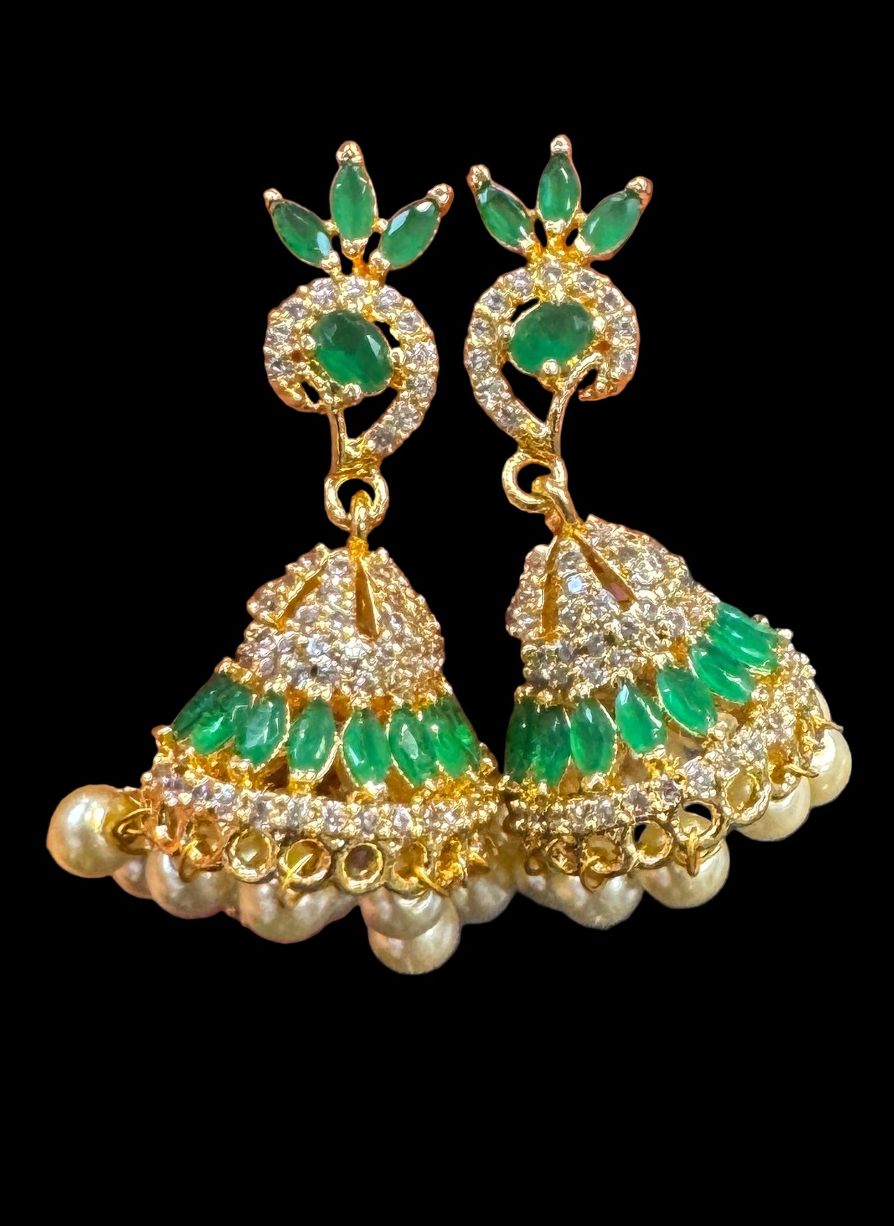 Marvelous White and Green Stones Gold Plated With Pearls Jhumka Earrings