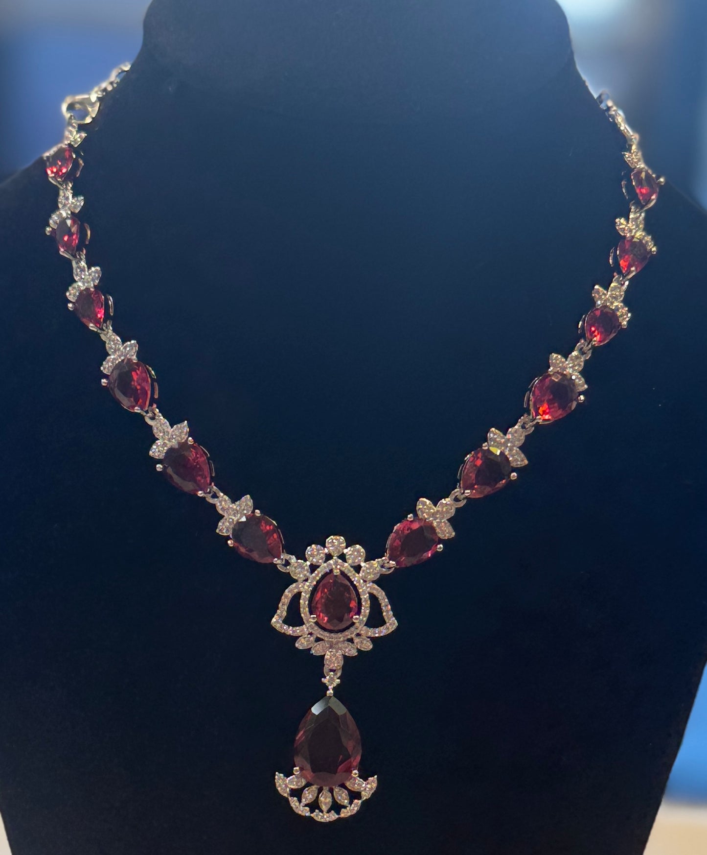 American Diamond White And Dark Pink Stones Necklace With Earrings Sets Near Me