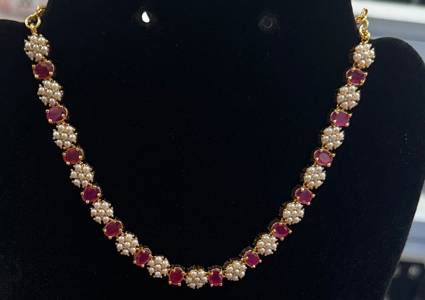 Exquisite Dark Pink Color Stone And White Pearl Gold Plated Necklace With Earrings Set