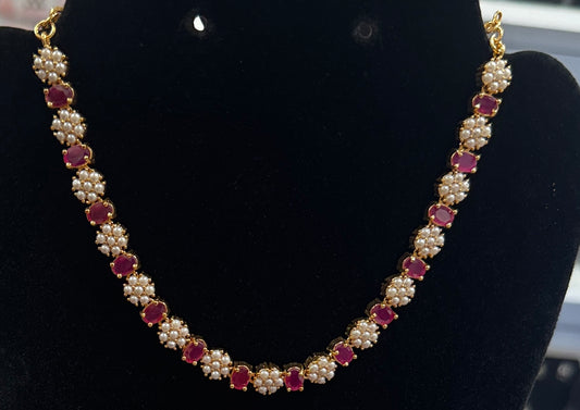 Exquisite Dark Pink Color Stone And White Pearl Gold Plated Necklace With Earrings Set