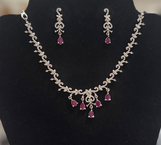 Amazing Rani Pink And White Color Stones American Diamond Necklace With Earrings