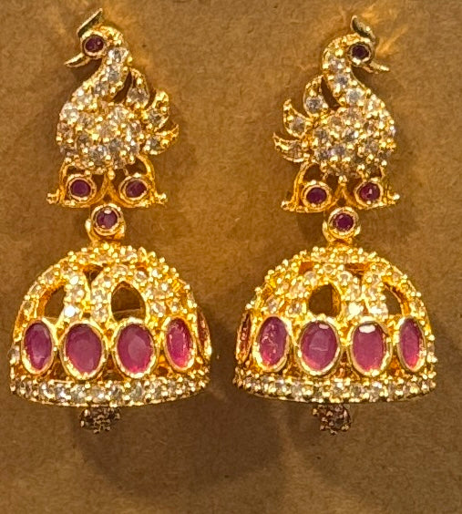 Beautiful Dark Pink Color Peacock Shaped Gold Plated Earrings For Women