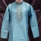 Delightful Teal Blue Color Cotton With Embroidery Work Designer Men's Kurta With Pajama Pant