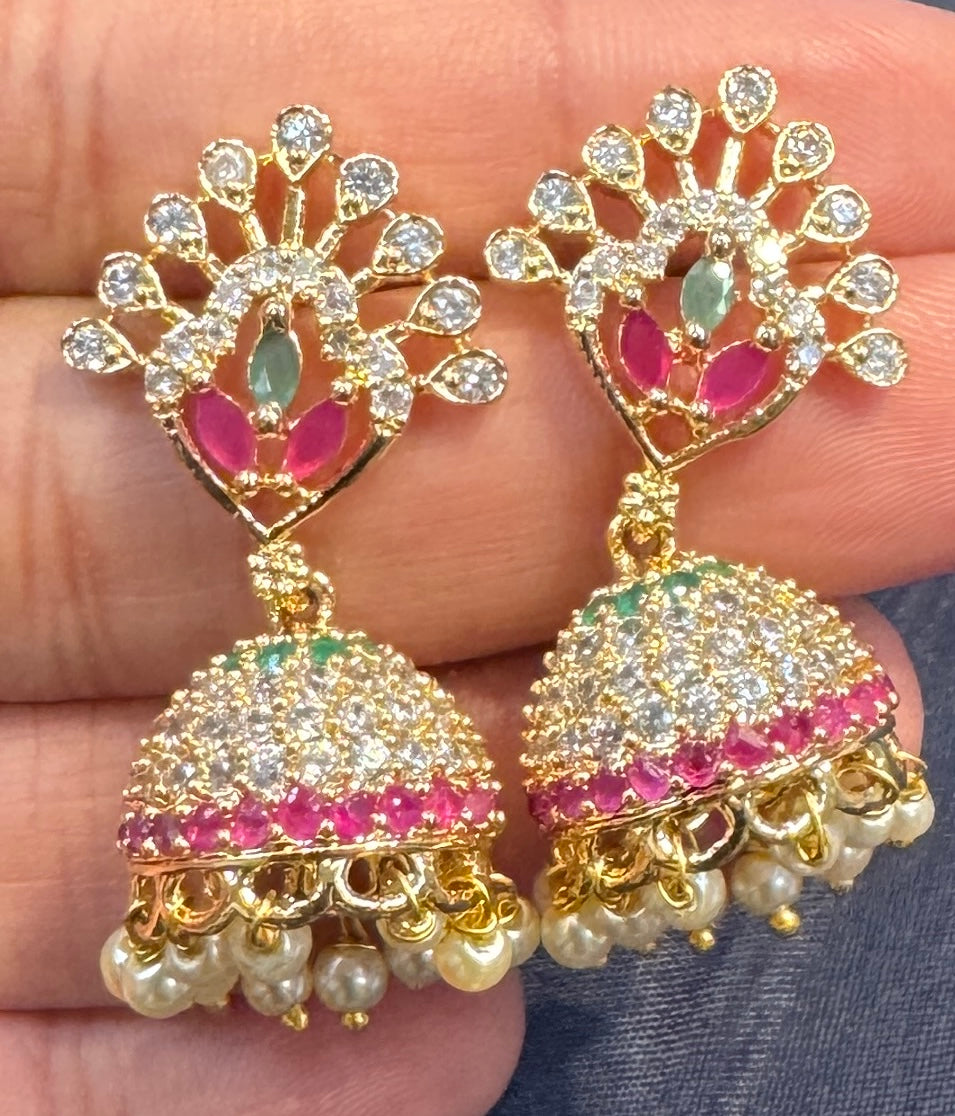 Beautiful Multicolored And White Stones Gold Plated Jhumkas Near Me