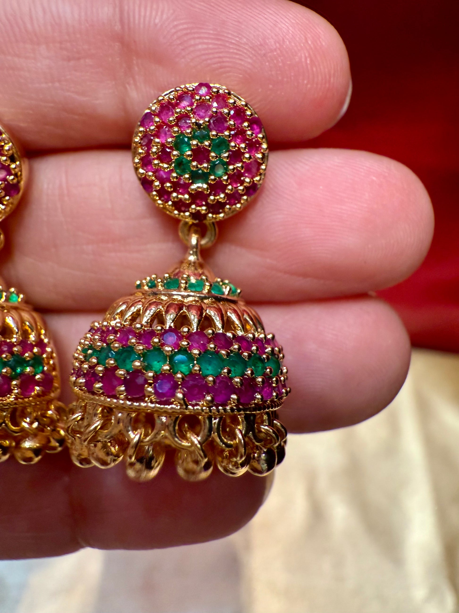 Dazzling Gold Plated Design Jhumka With Hot Pink Stone Near Me
