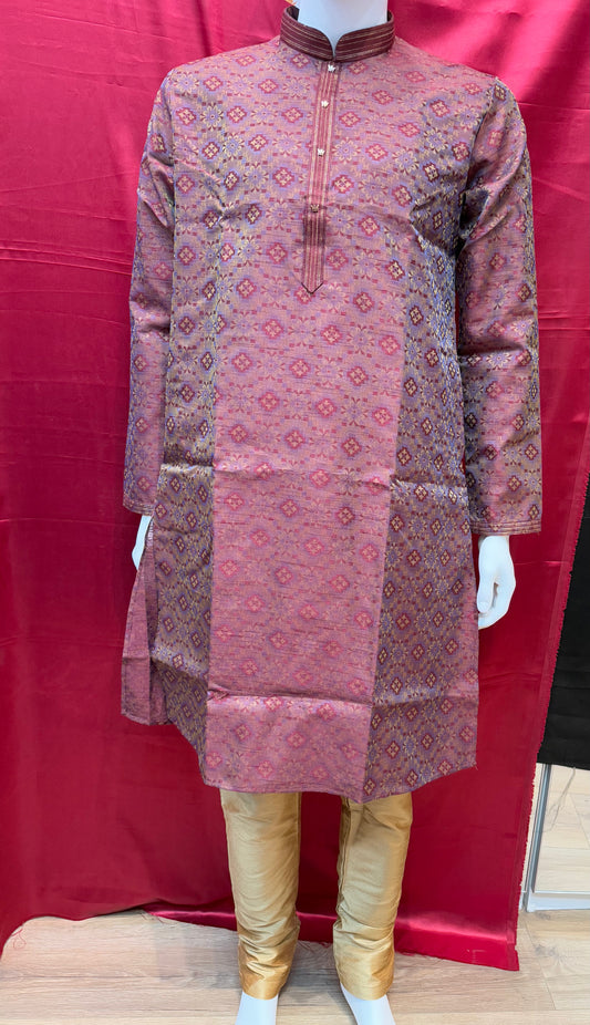 Beautiful Maroon Colored Jacquard Men's Kurta With Floral Printed Work