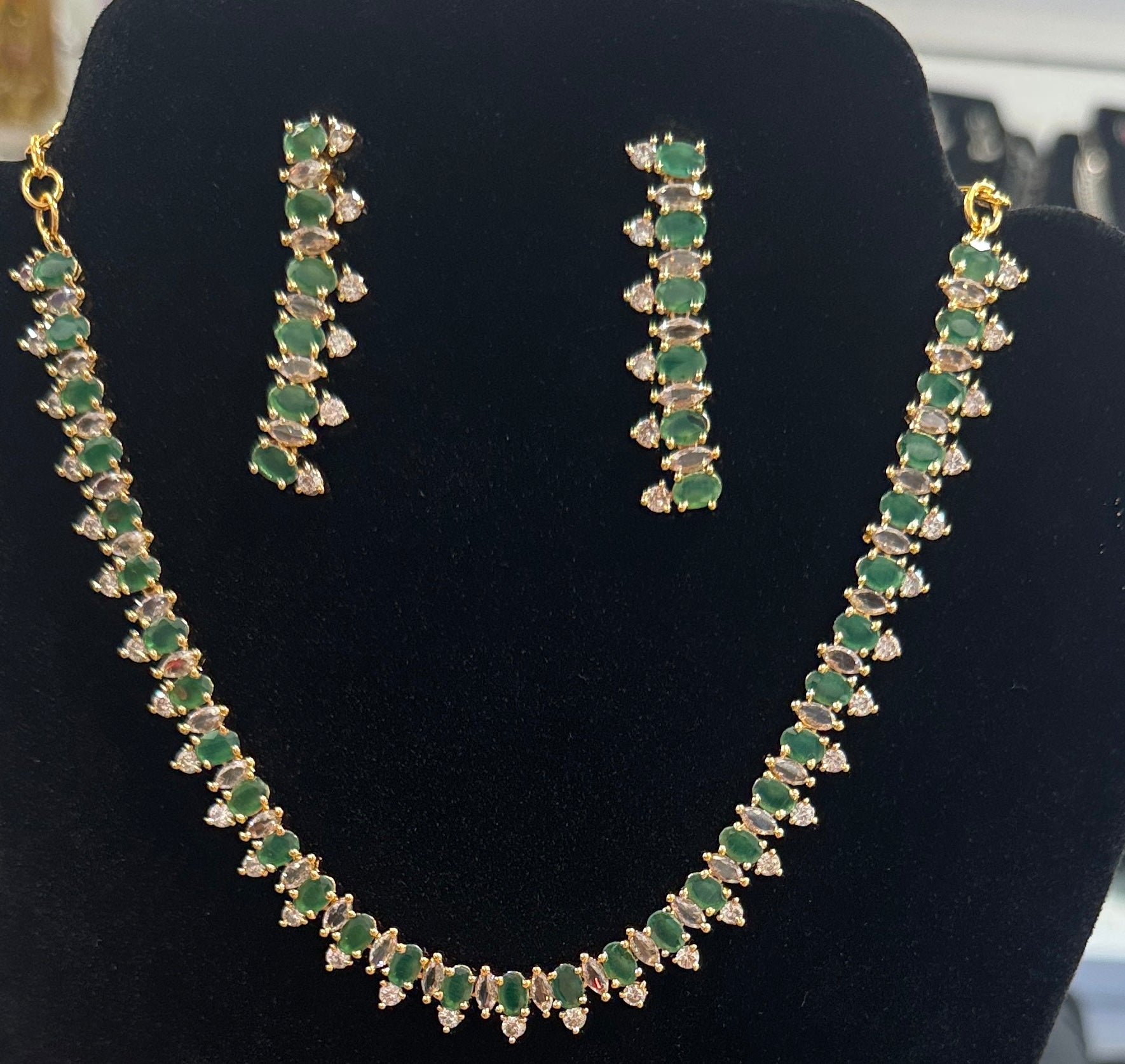 Stunning Green Color Stone Gold Plated Necklace With Earrings Set  Near Me