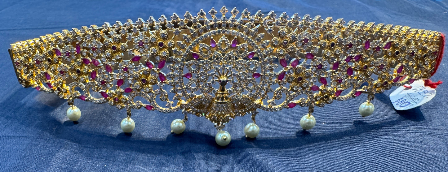 Gold Plated White & Red Jarkan Stones Hip Chain In USA