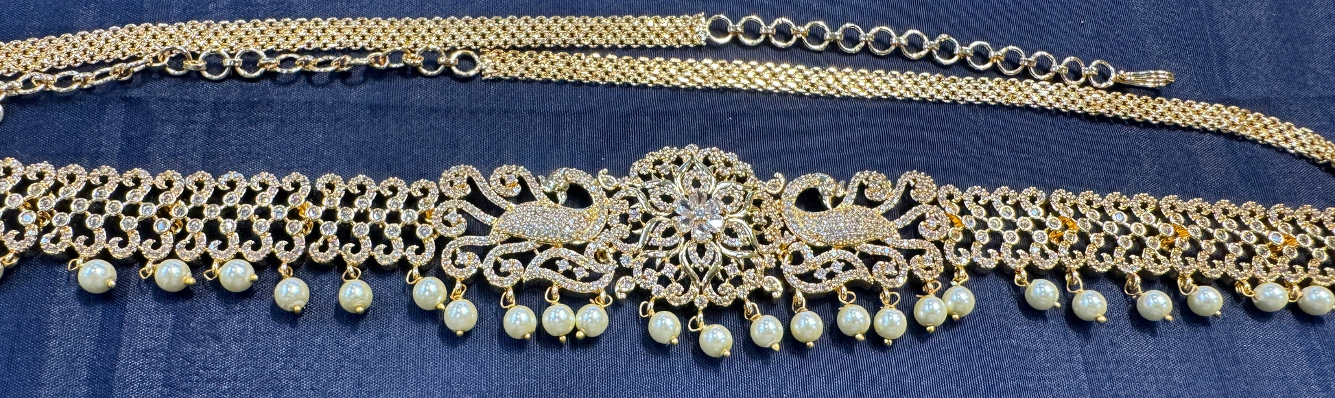 White Stone Worked Unique Peacock Designed Gold Plated Hip Chain In USA