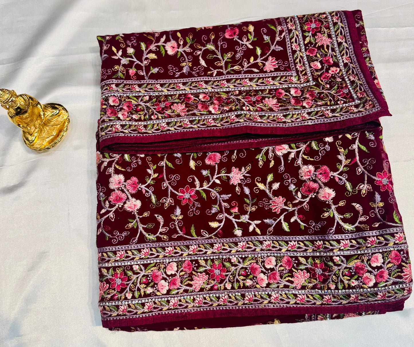 Beautiful Plum Color Soft Georgette Embroidered Work With White Stone Fancy Saree - PREMIUM QUALITY