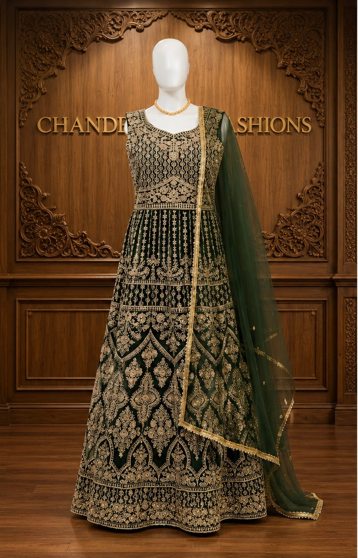 Amazing Dark Olive Green With Gold Embroidery And Sequins Work Anarkali Gown For Women