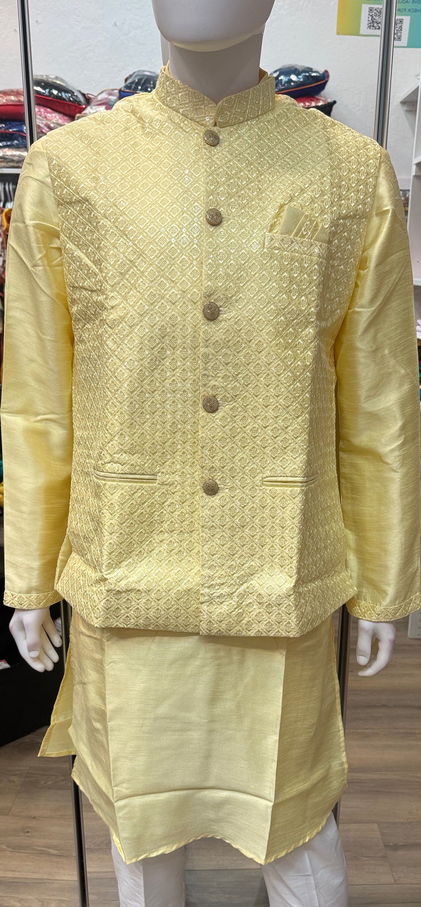 Attractive Yellow Color Heavy Banglori Silk With Embroidery Work Kurta And Pajama With Koti Jacket