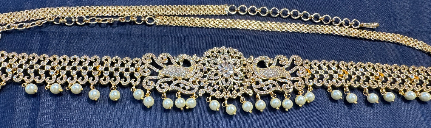 Gorgeous White Stone Worked Unique Peacock Designed Gold Plated Hip Chain Near Me