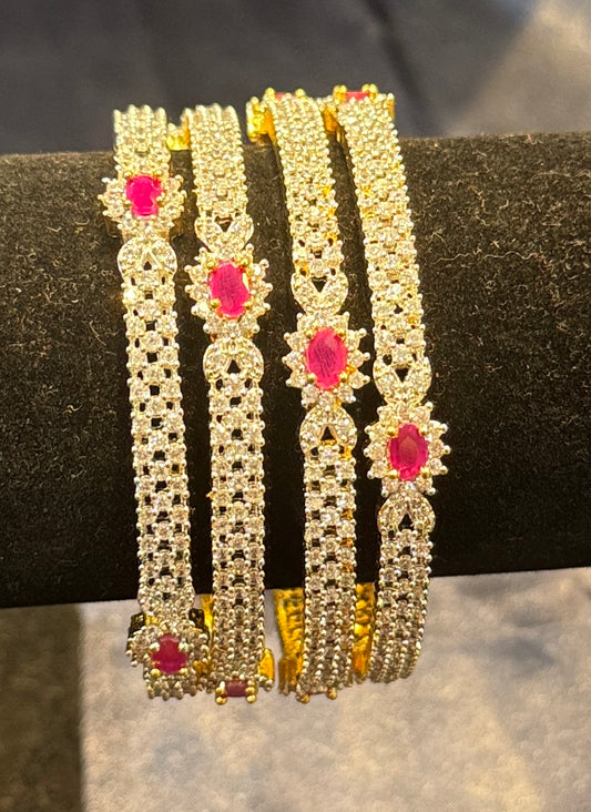 Appealing Red And White Stones Gold Plated Bangles For Women