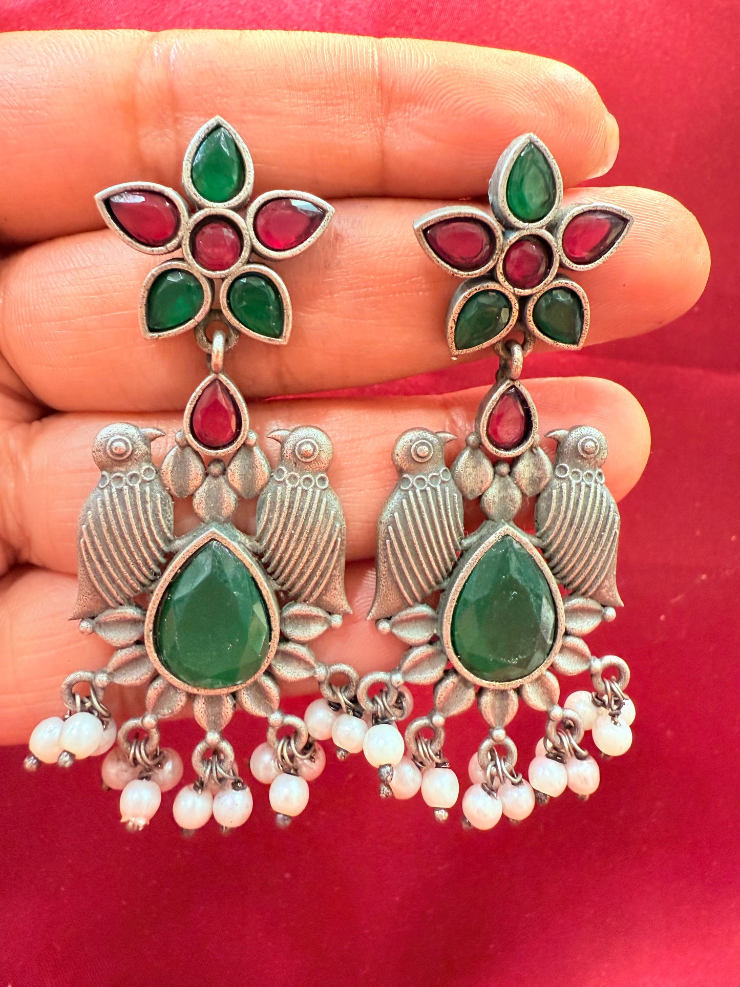 Appealing Oxidized Maroon And Green Stone And Beaded Work Bird Designs Earrings For Women