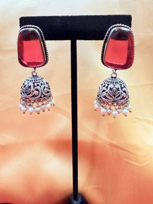 Beautiful Oxidized Red Stone Jhumka With White Color Bead Hangings