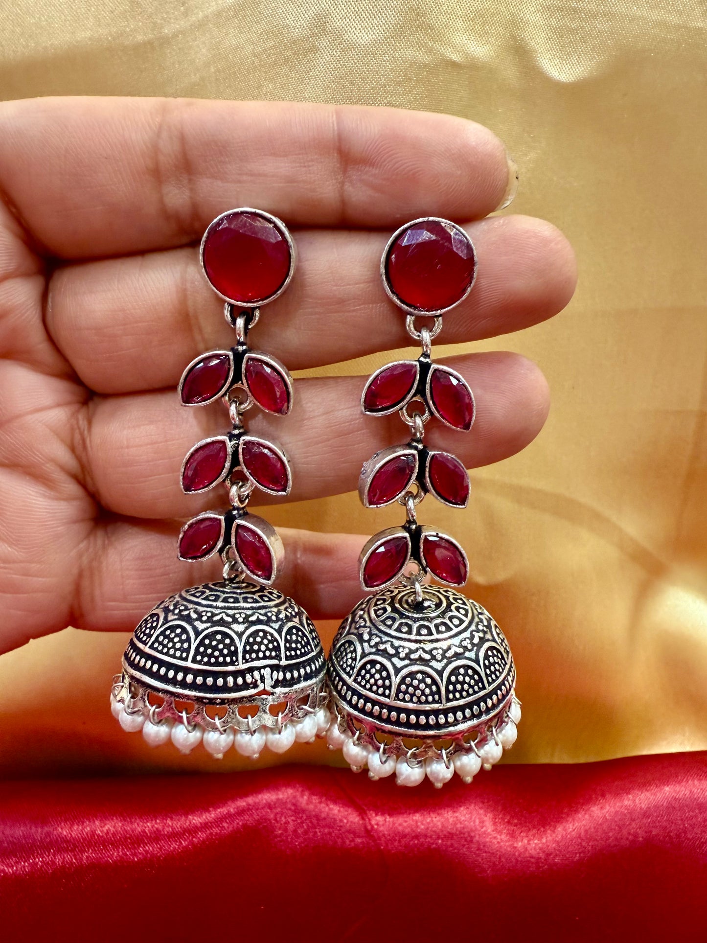 Alluring Beautiful Maroon Color Oxidized Jhumka Earrings For Women