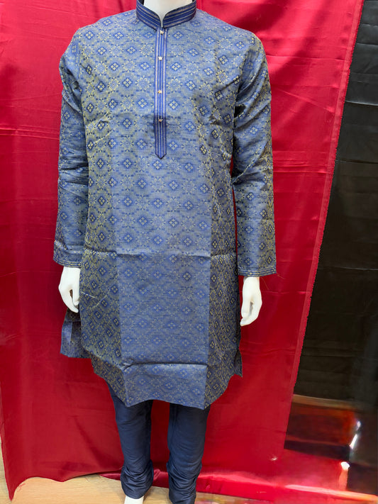 Attractive Blue Color Jacquard Floral Designed Kurta Set For Men