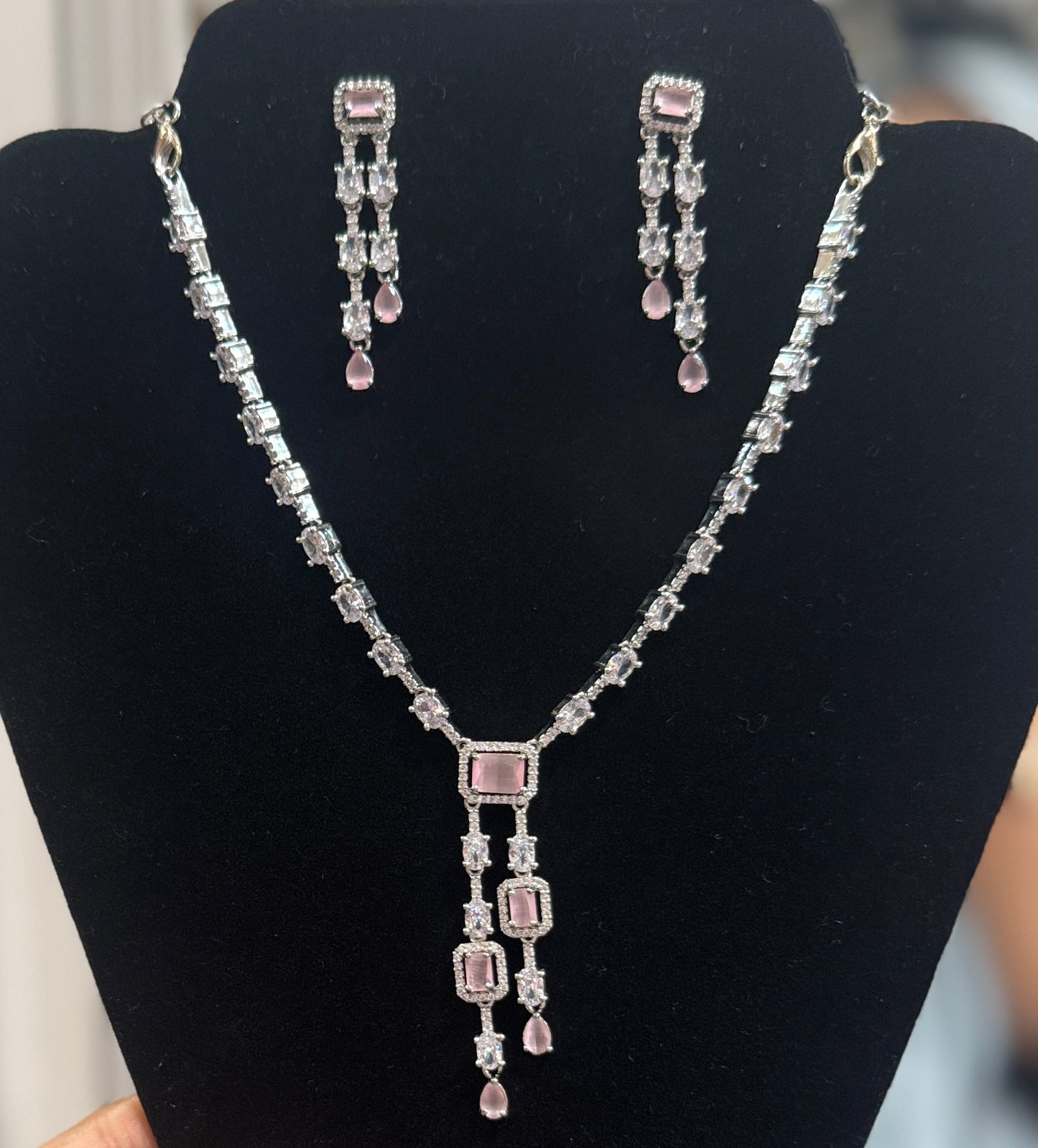 Pretty White And Pink Color Stones American Diamond Necklace With Earrings