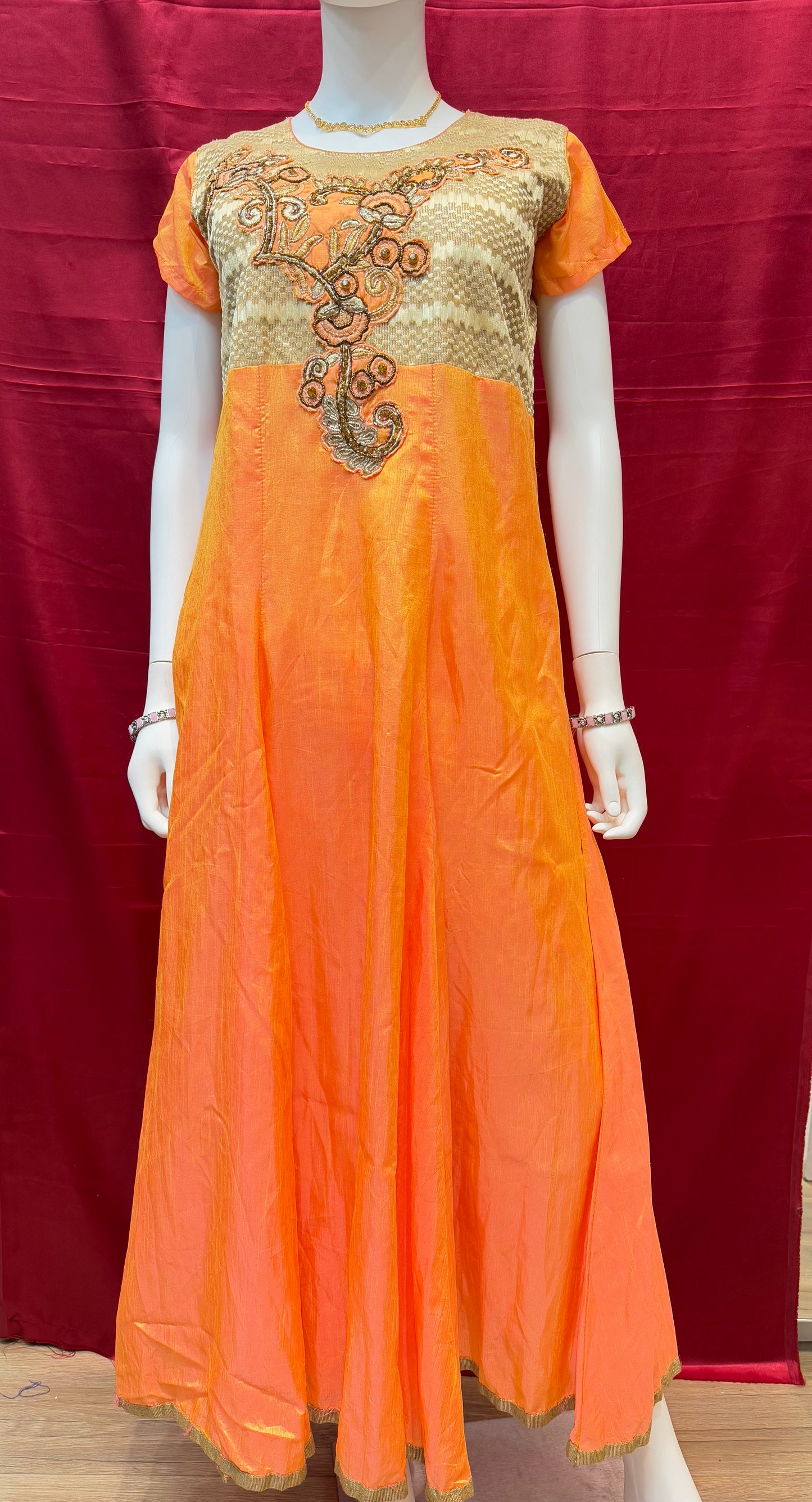 Trendy Designer Orange Color Long Dress With Embroidery Work