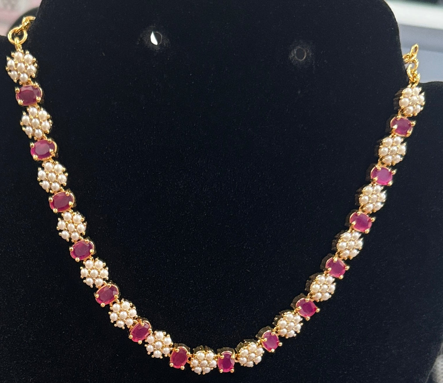 Exquisite Dark Pink Color Stone And White Pearl Gold Plated Necklace With Earrings Set Near Me