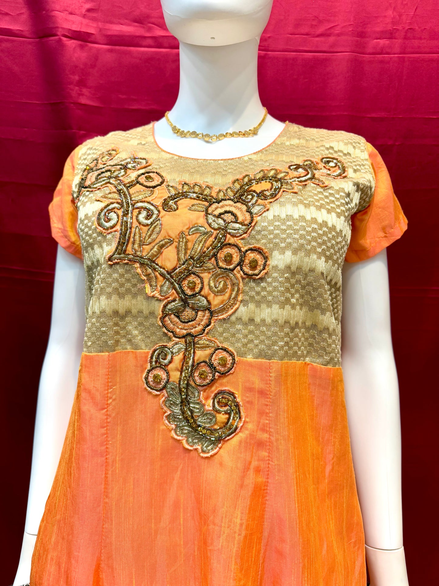 Trendy Designer Orange Color Long Dress With Embroidery Work