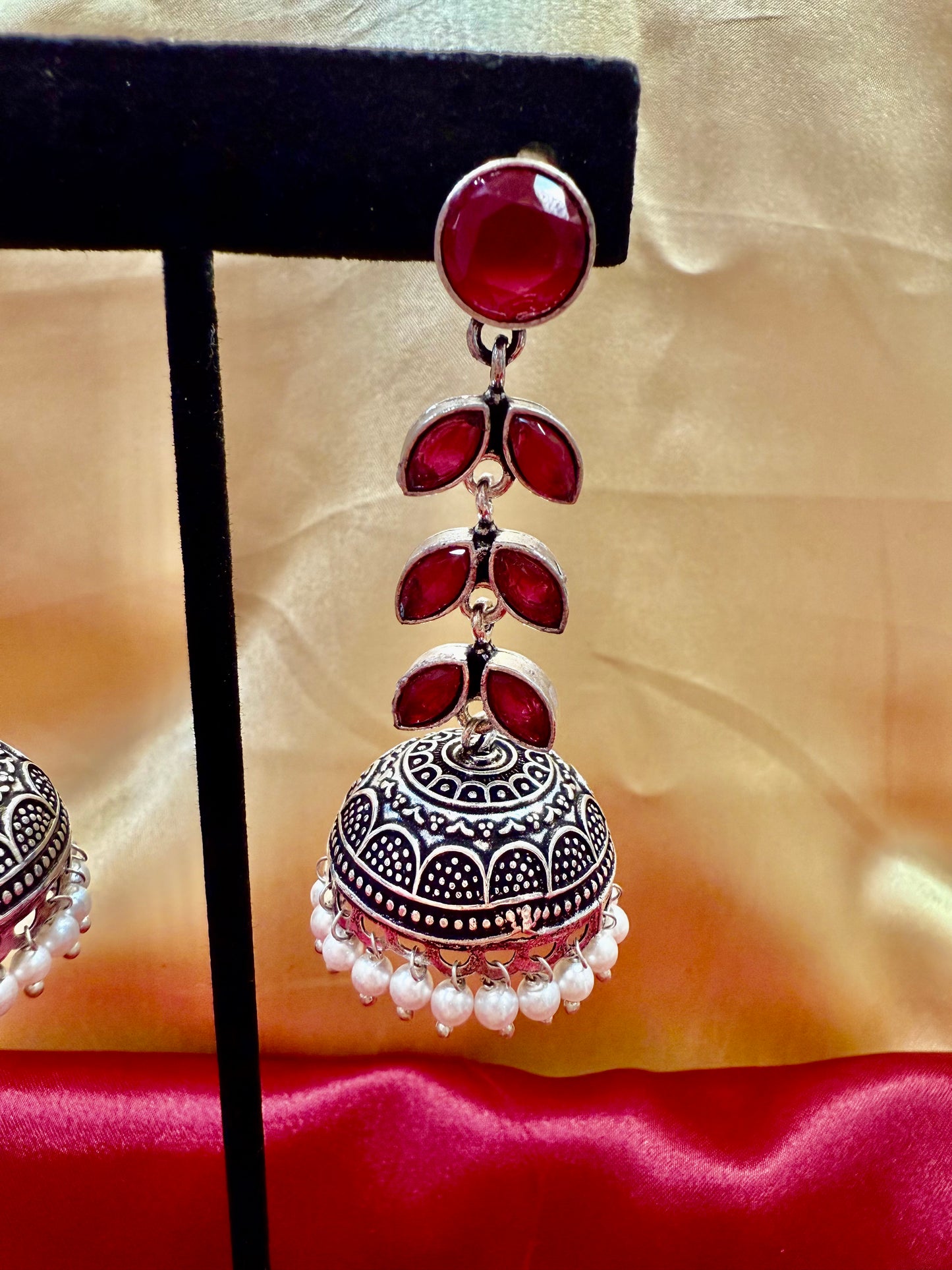 Alluring Beautiful Maroon Color Oxidized Jhumka Earrings For Women