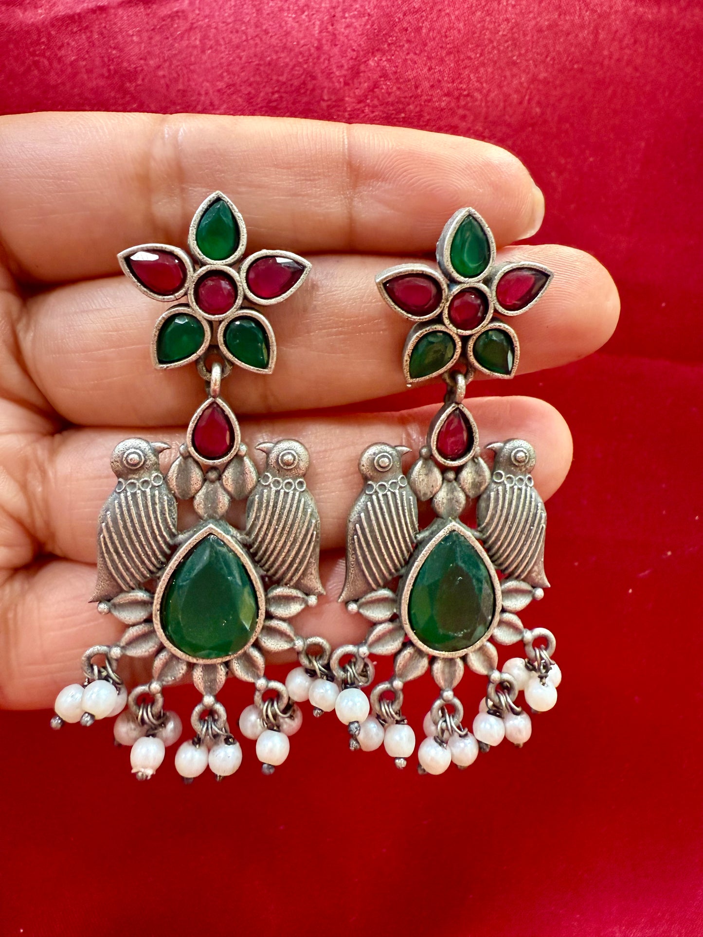 Appealing Oxidized Maroon And Green Stone And Beaded Work Bird Designs Earrings For Women