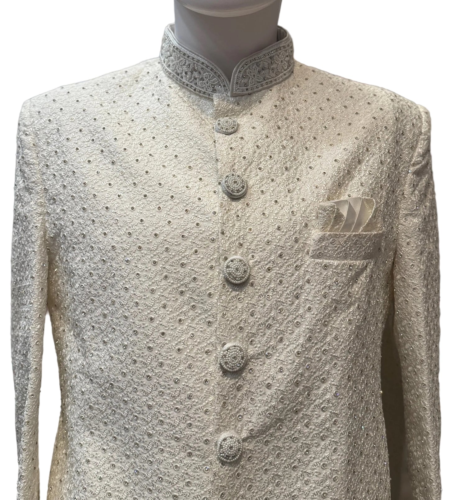  White Color With Hand Embroidery And Sequins Work Silk Sherwani Suit  Near Me