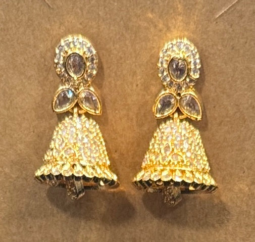 Alluring Doll Shaped Gold Plated Jhumka Earrings With White Stones For Women