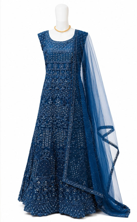 Terrific Dark Blue Color Georgette With Embroidery And Mirror Work Anarkali Gown For Women