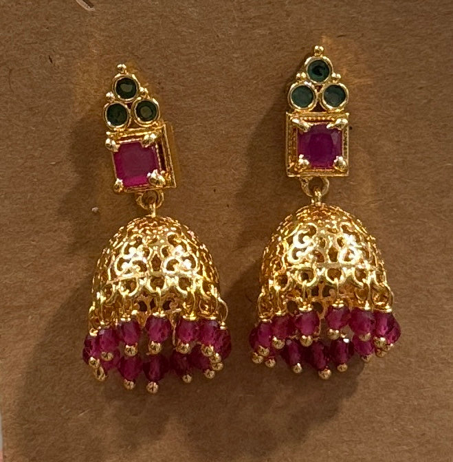 Dazzling Gold plated With Dark Pink And Green Stones Earrings Near Me