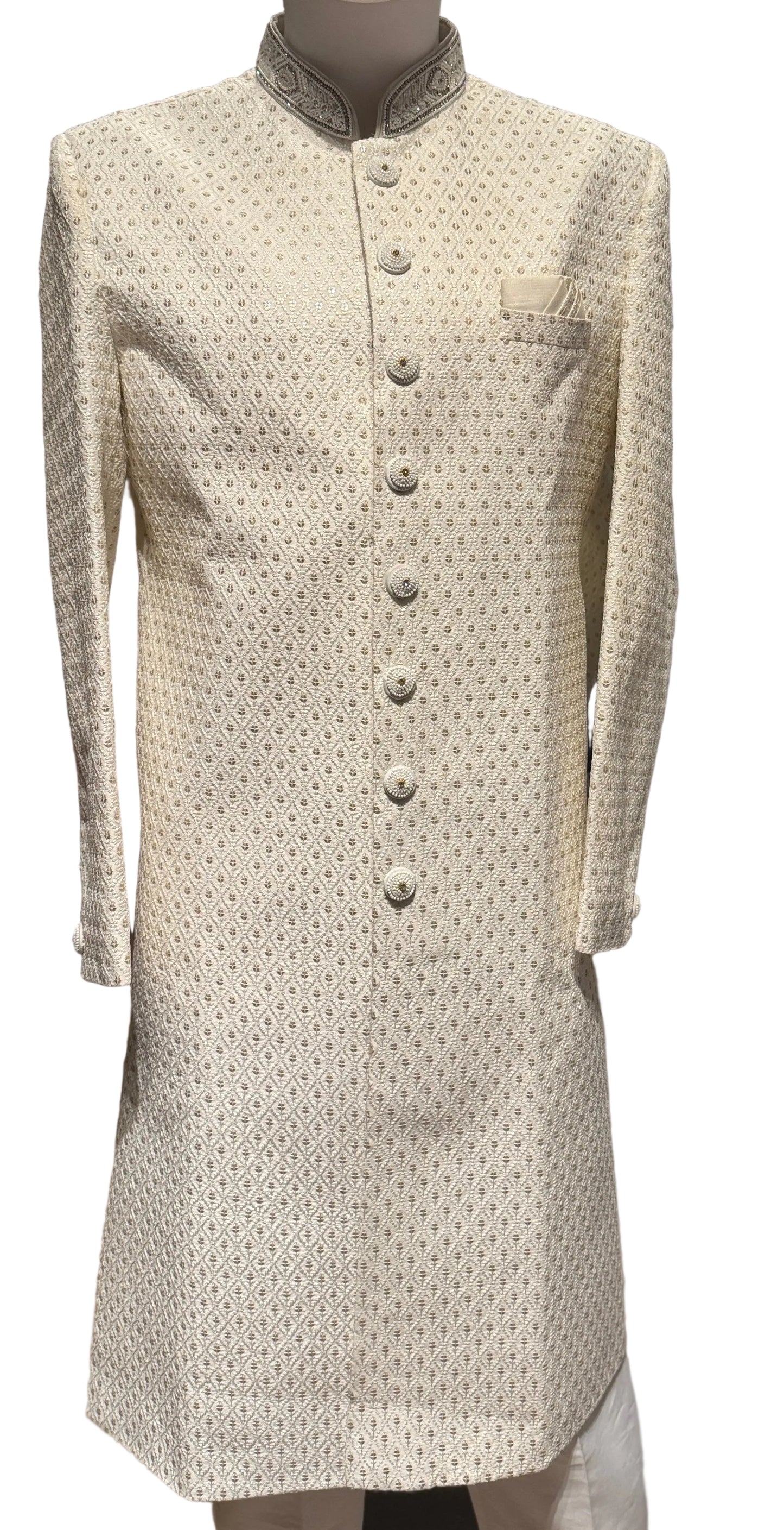 White Color Jacquard With Hand Embroidery Work Sherwani Suit For Men Near Me