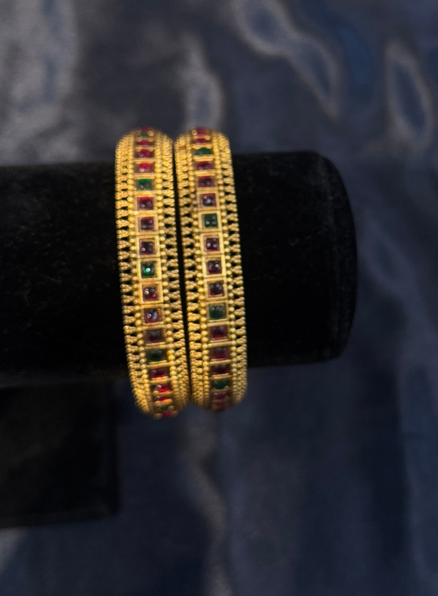 Attractive Green And Red Stones Antique Design Gold Plated Bangles For Women