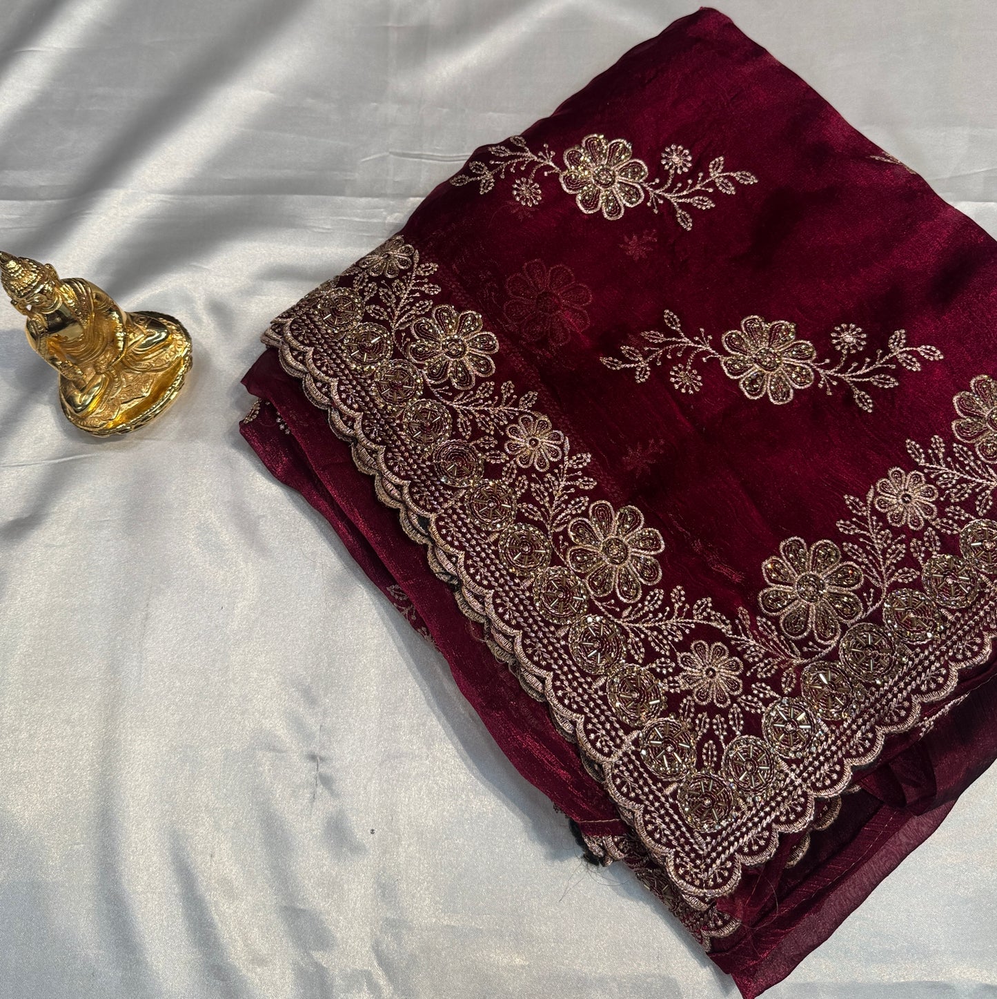 Splendid Dark Wine Color Soft Chiffon With Embroidery And Stone Work Fancy Saree - PREMIUM QUALITY