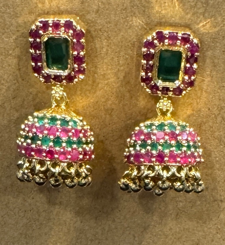 Beautiful Multicolor Gold Plated Earrings With Green and Dark Pink Color Stones Near Me