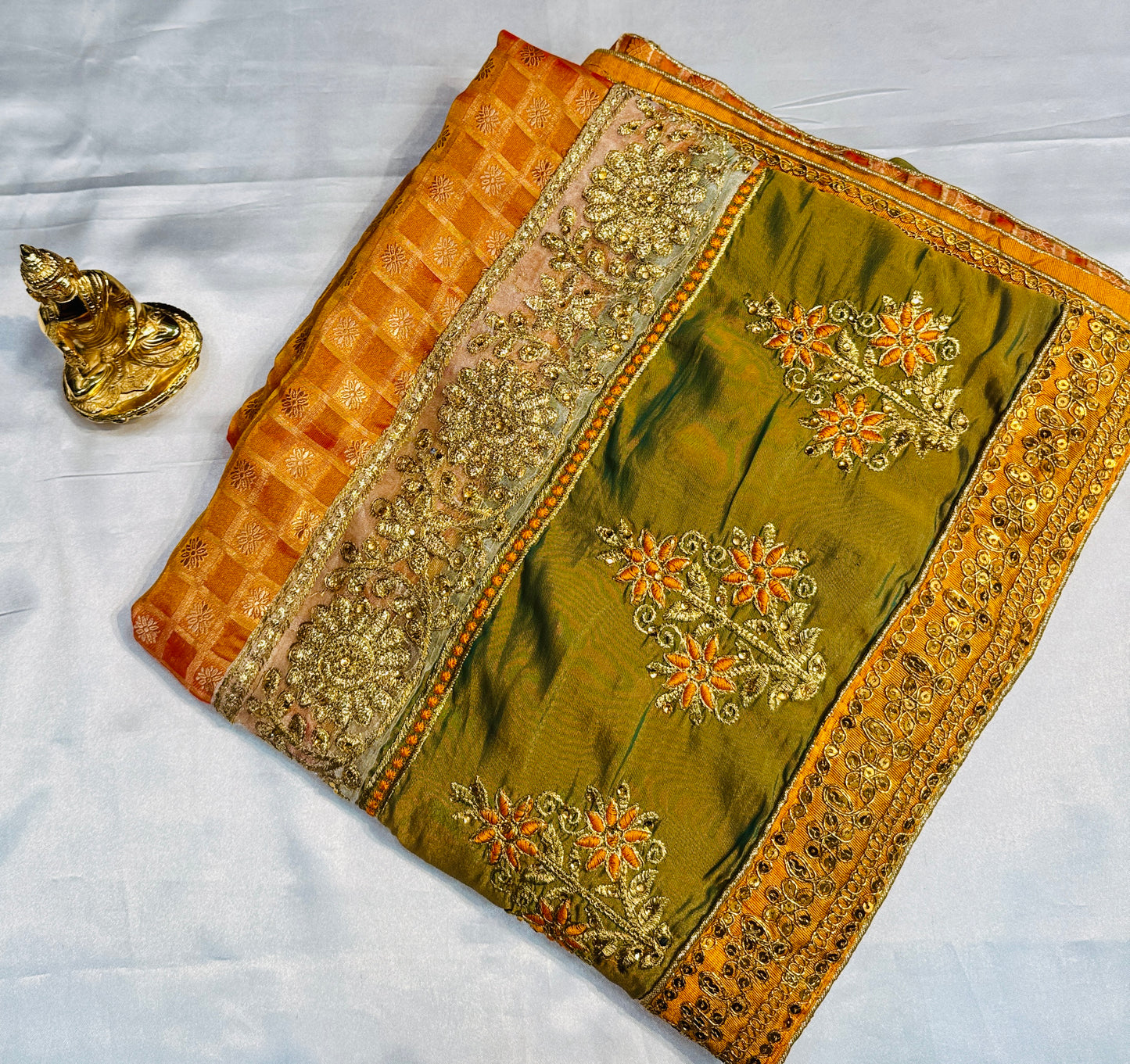 Charming Golden Yellow Color Georgette And Chiffon With Embroidered Work Fancy Saree - PREMIUM QUALITY